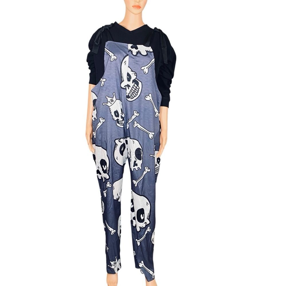 Skull Print Bib Overall Jumpsuit Women Suspenders Casual Halloween Gray Black OS